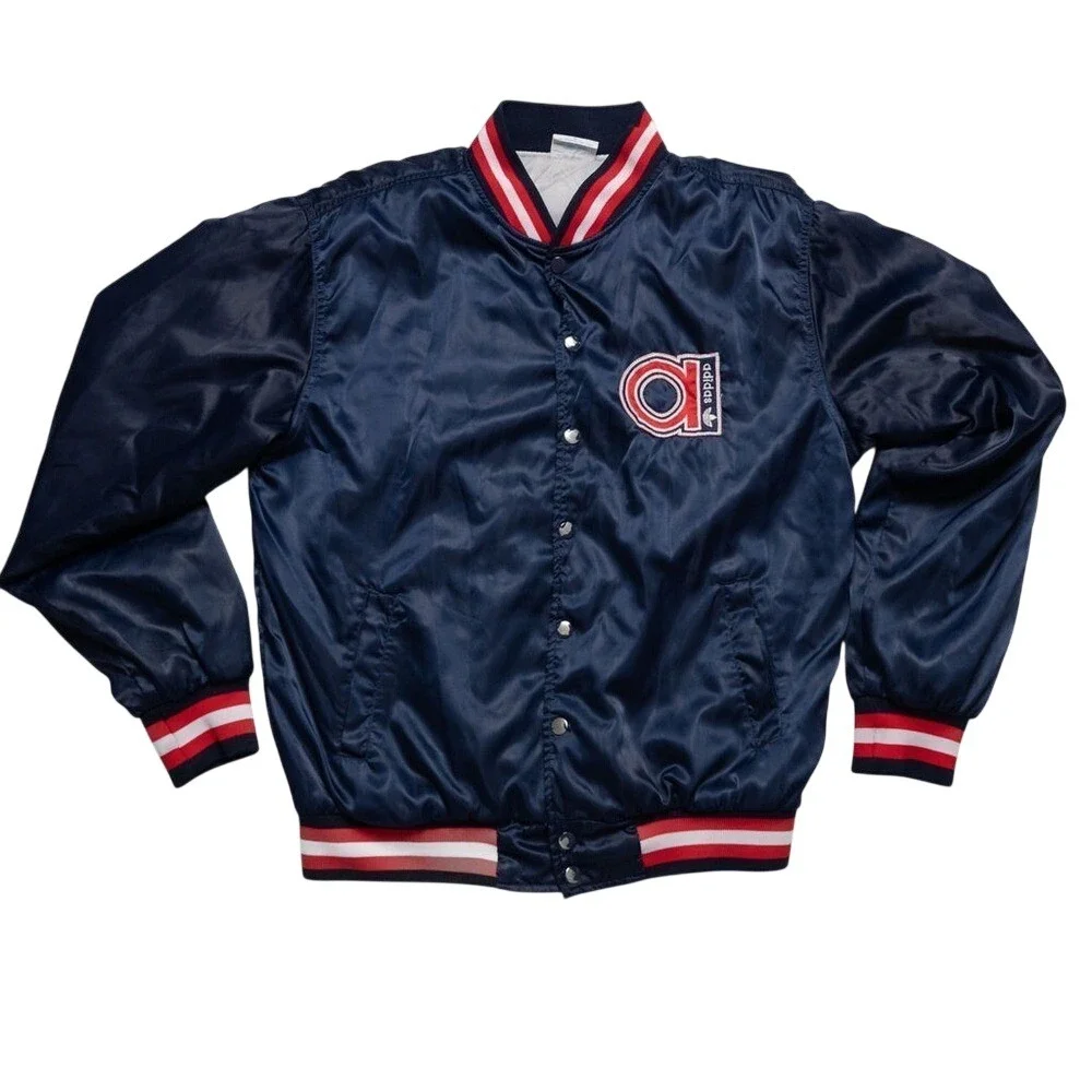 Rare Vintage 1980s Adidas Trefoil Satin Bomber Jacket – Navy/Red‎ – Men's L, EUC